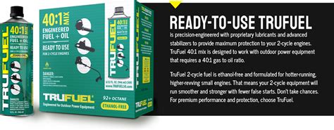 Synthetic oil eliminates plug fouling, smoke. Premixed 40:1 Fuel | TruFuel 2-Cycle Fuel for 2-Stroke Engines
