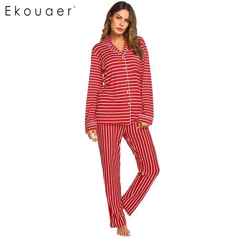 Ekouaer Pajamas Set Women Striped Nightwear Sets Casual Loose Pocket V Neck Button Shirts And