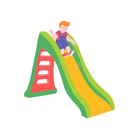 Cute Boy Sliding Down Colorful Kids Slide Flat Vector Illustration