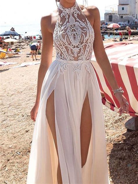 A Line White Lace Simple Wedding Dresses With Leg Slit Sexy Halter Fl