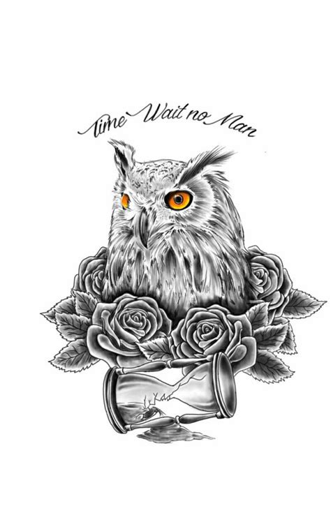 Yellow Eyed Owl With Roses And Hourglass Tattoo Design By Chanlung168