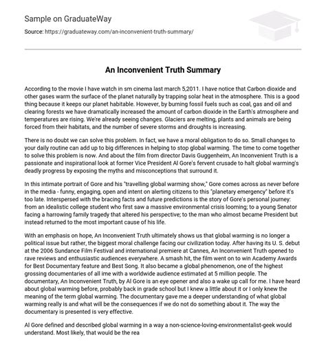 ⇉an Inconvenient Truth Summary Essay Example Graduateway