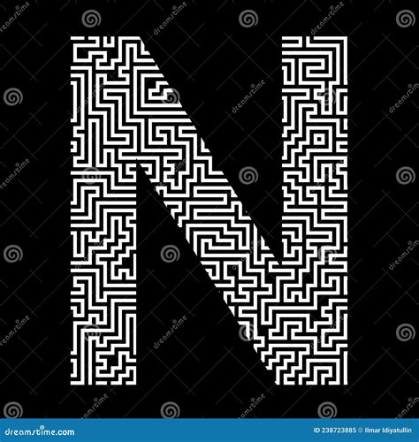 White Letter N Composed Of A Maze Pattern Isolated On Black Background