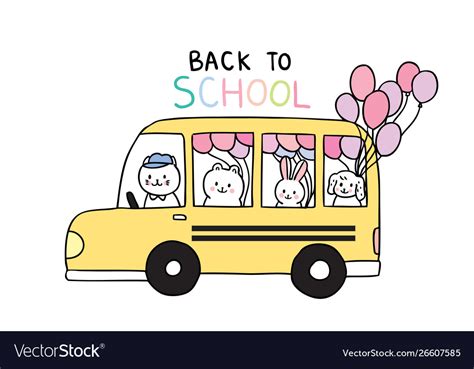 Cartoon Cute Back To School Animals And School Bus
