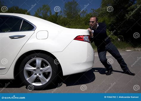 Businessman Pushing A Car Stock Photo Image Of Breakdown 9366782