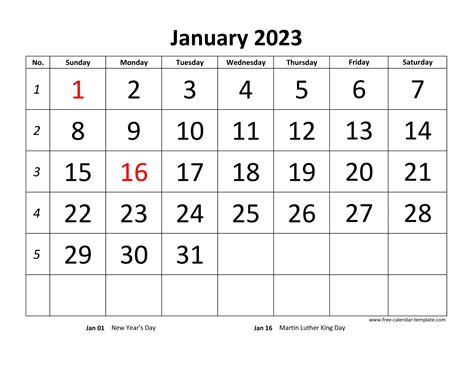 January 2023 Calendar Designed With Large Font Horizontal Free