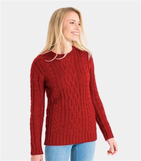 Red Pure Wool Womens Pure Wool Aran Sweater