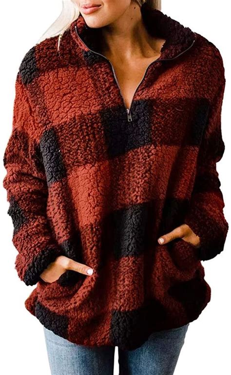 Zesica Womens Plaid Long Sleeve Zipper Sherpa Fleece Sweatshirt
