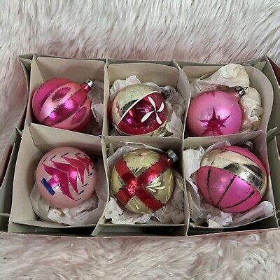 VTG 6 Pink Poland Mercury Glass Hand Painted Christmas Ornaments 2 25