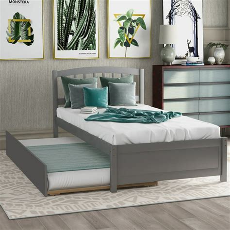 Twin Size Platform Bed Wood Bed Frame With Trundlegray