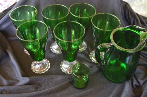 Vintage Emerald Green Depression Glass 6 Drinking Glasses Goblets And Pitcher Set 1881028307
