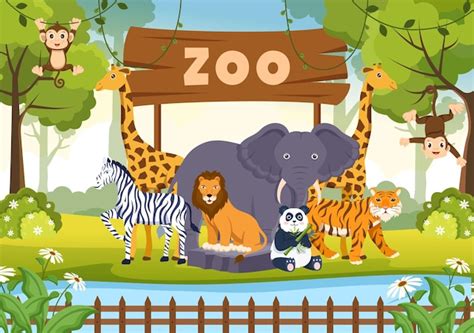 Premium Vector Zoo Cartoon Illustration With Safari Animals On Forest