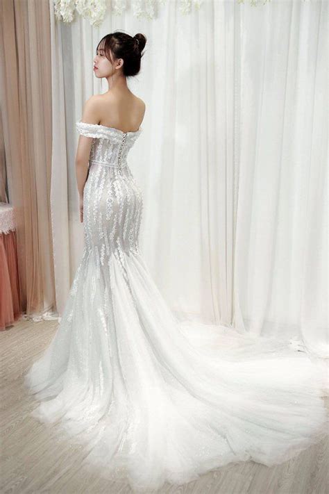 Crystal Beaded Mermaid Wedding Dress With Off The Shoulder Etsy Mermaid Wedding Dress