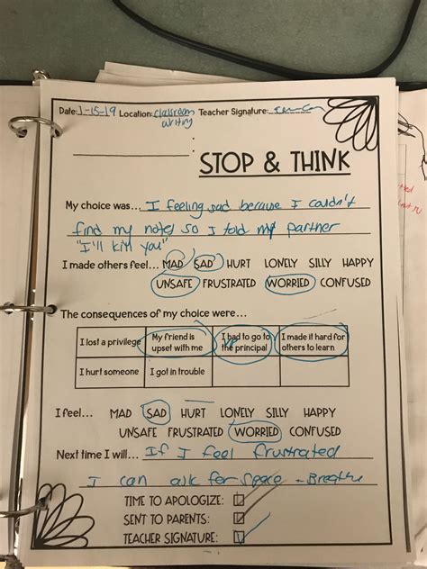 Stop Think Apologize Student Behavior Reflection Sheets Behavior