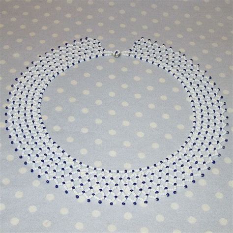 Vintage Beaded Collar Necklace Blue White Seed Beads Por Peapickins