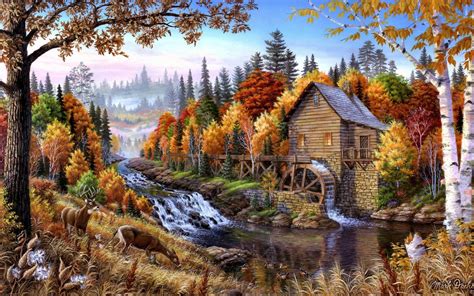 Water Mill Painting Painting Wallpaper Landscape Paintings