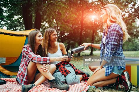 Three Young Women Camping Together High Res Stock Photo Getty Images
