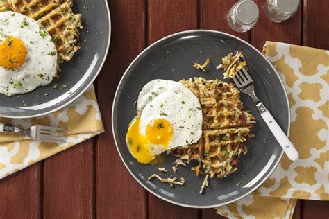 Bacon Cheese Hash Brown Waffles With Fried Eggs