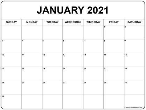 Blank January 2021 Calendar Free Letter Templates
