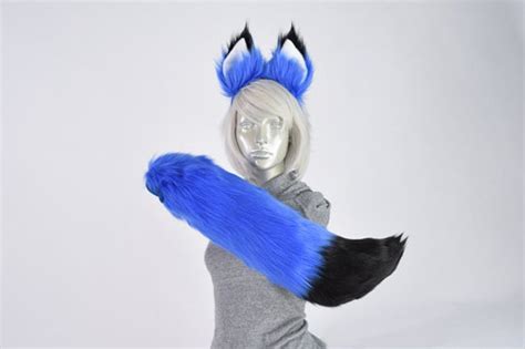 Blue Furry Fox Tail And Ears Black Tip Luxury Cosplay Etsy