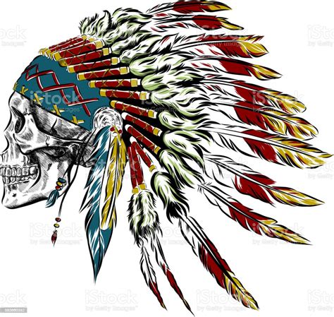 Hand Drawn Native American Indian Feather Headdress With Human Skull