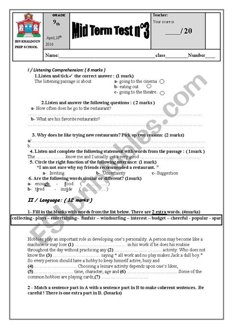 Mid Term Test N°3 For The 9th Forms Esl Worksheet By Toutazou