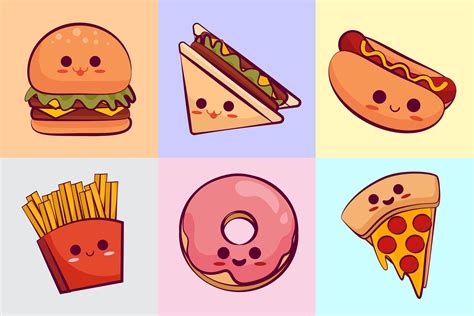 Kawaii Colorful Fast Food Cartoon Icons Collection Ilustraciones De