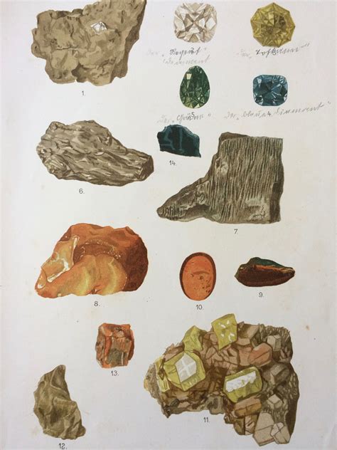 1885 Large Original Antique Lithograph Mineral Rock Gem Crystal
