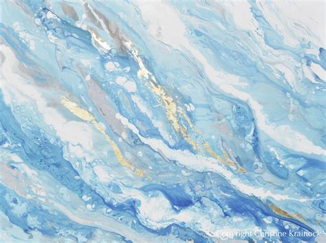 Original Art Light Blue Aqua White Abstract Painting Gold Leaf Marbled