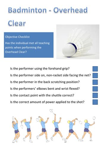 Badminton Overhead Clear Peer Assessment Teaching Resources