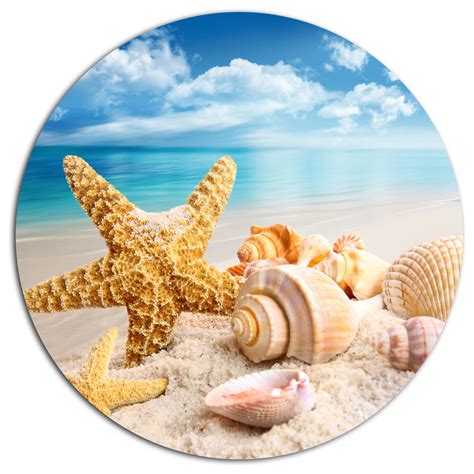 Starfish And Seashells On Beach Seashore Round Metal Wall
