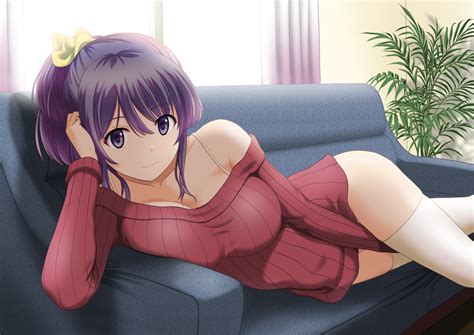 Wallpaper Couch Purple Hair Big Boobs Ponytail Purple Eyes Thigh Highs X Fy