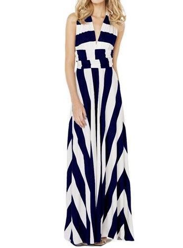 Sexy Plunging Neck Sleeveless Striped Special Design Dress For Women Blue White Sexy Plunging