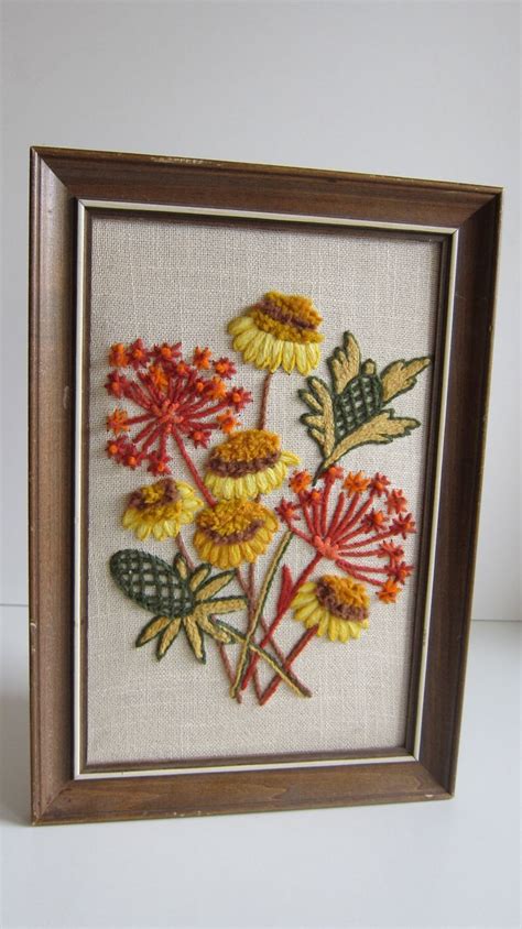 Vintage Art Embroidered Flower Bouquet Yarn Art Color Yellow Etsy