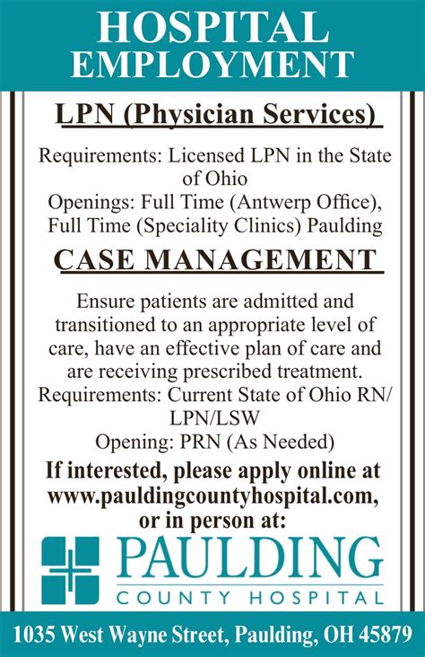 Lpn Case Management Paulding County Hospital Paulding Oh