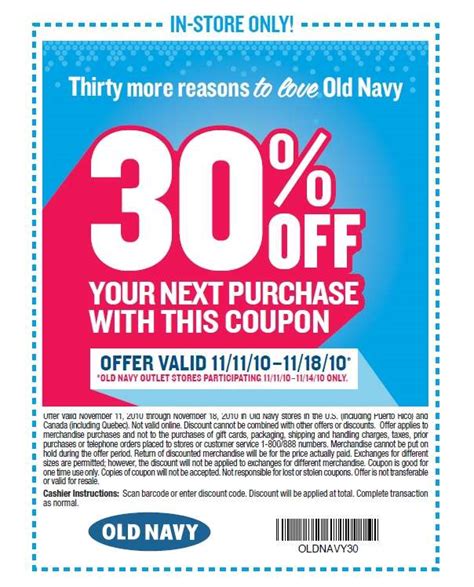 Open a new old navy card or old navy visa card to receive a 20% discount. Old Navy Canada: 30% Off Your Entire Purchase *Printable Coupon* | Canadian Freebies, Coupons ...