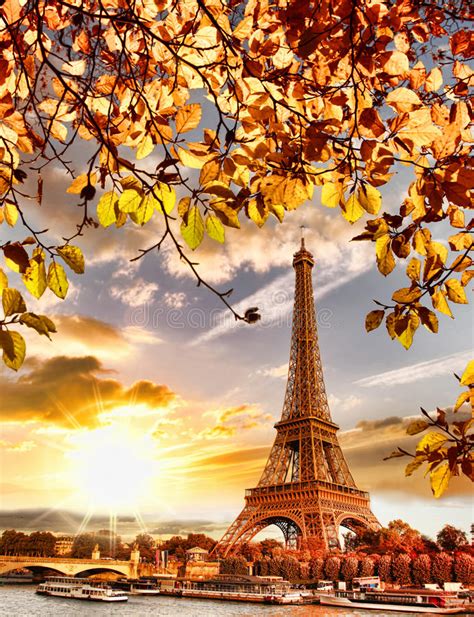 Eiffel Tower With Autumn Leaves In Paris France Stock Photo Image Of