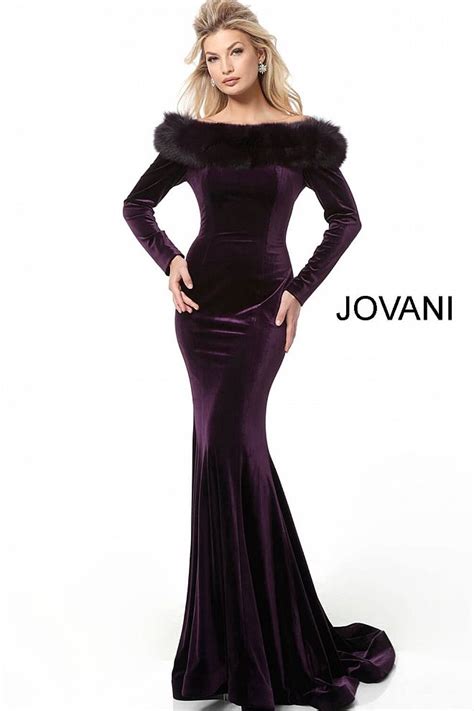 Purple Fur Trim Off The Shoulder Long Sleeve Fitted Evening Dress
