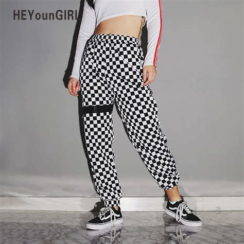 Heyoungirl Checkered Plaid Harem Pants Women Checkerboard Trousers High Waist Elastic Plastic