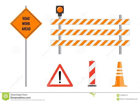 Road Works Signs Set Flat Vector Illustration Work Road Ahead Orange