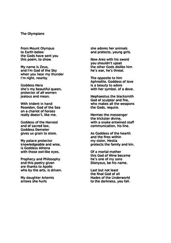 A poem about the main Greek Gods | Teaching Resources