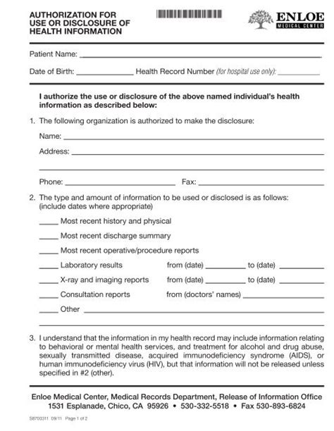 Authorization For Use Or Disclosure Of Health Information Form
