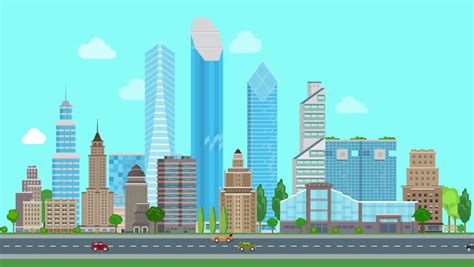 Flat Cartoon Panoramic City Day Looped Animated Background Business