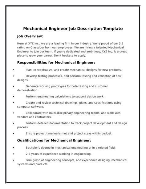 Mechanical Engineer Job Description Template Human Resource