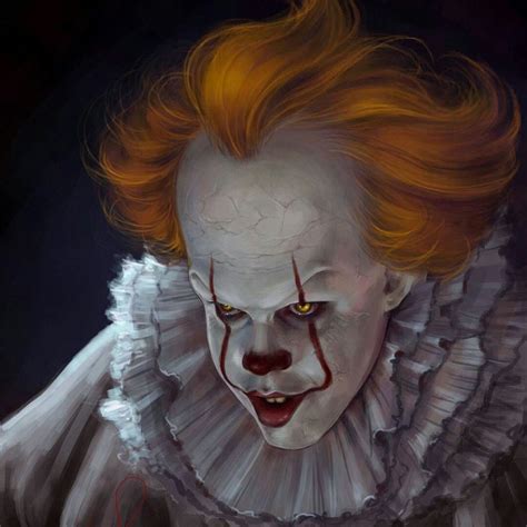 A Painting Of A Clown With Red Hair And Yellow Eyes Wearing A White Dress