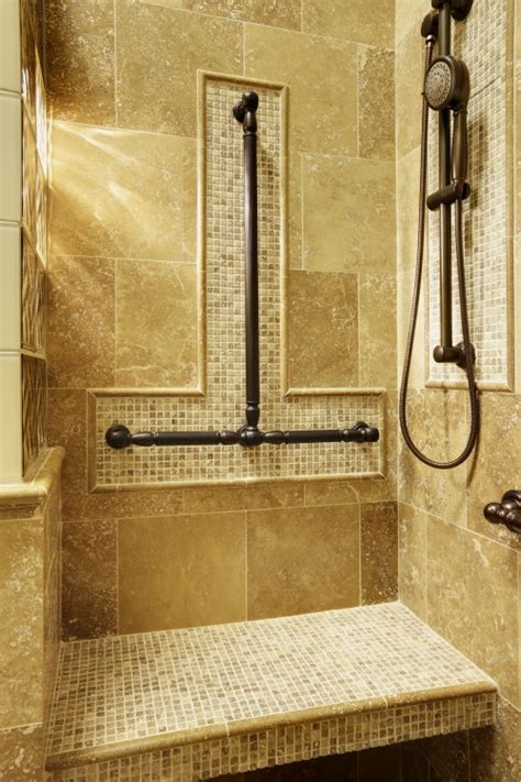Bathroom designed for safety, ease of use while sitting, and beauty with curbless shower and grab bars. Universal Design Bathroom | Case Design/Remodeling of San Jose