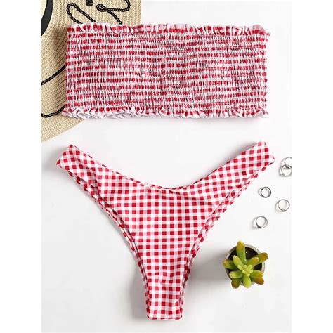 Azulina Strapless Checkered Shirred Bikini Smocked Bandeau Bikini Hot