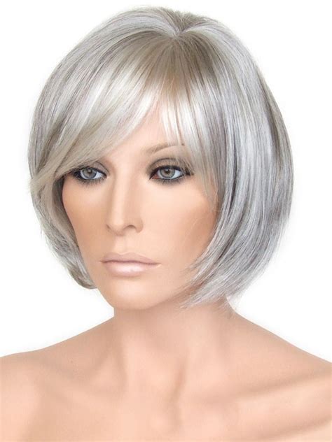 Capless Grey Short Straight Synthetic Hair Wig Grey Wigs Sale P4
