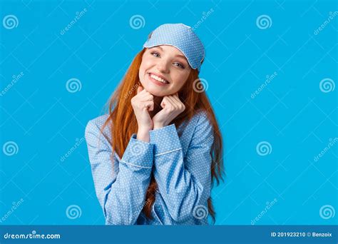 Tender Feminine Redhead Woman With Toothy Beautiful Smile Tilt Head Holding Arms Near Face
