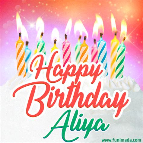 Happy Birthday  For Aliya With Birthday Cake And Lit Candles